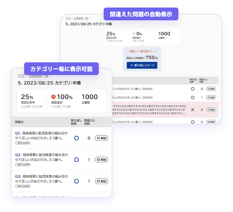 間違えた問題を自動表示で復習